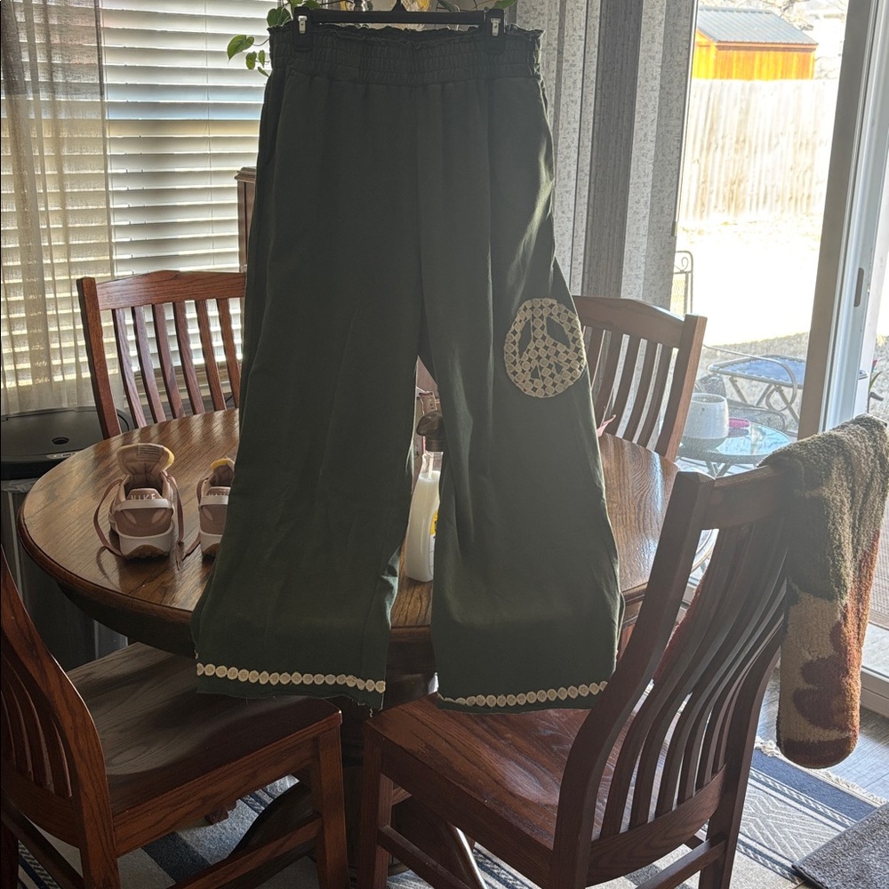 B37 Umgee Mineral Wash Waistband Pants Peace Patch Wide Leg Green Plus Size NEW